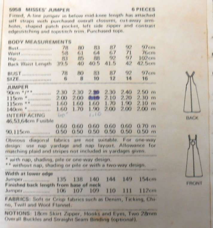 BUTTERICK 5958 PINAFORE SIZE 10 COMPLETE