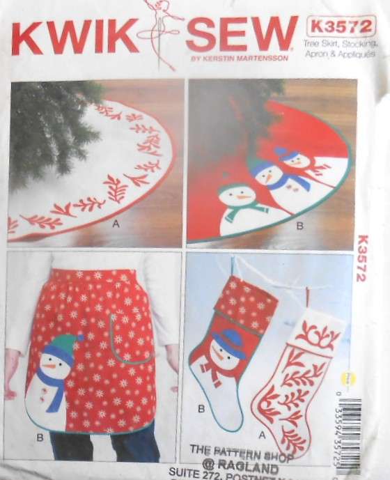 KWIK SEW K3572 CHRISTMAS TREE SKIRT-STOCKING-APRON & APPLIQUES- ONE SIZE- COMPLETE-UNCUT