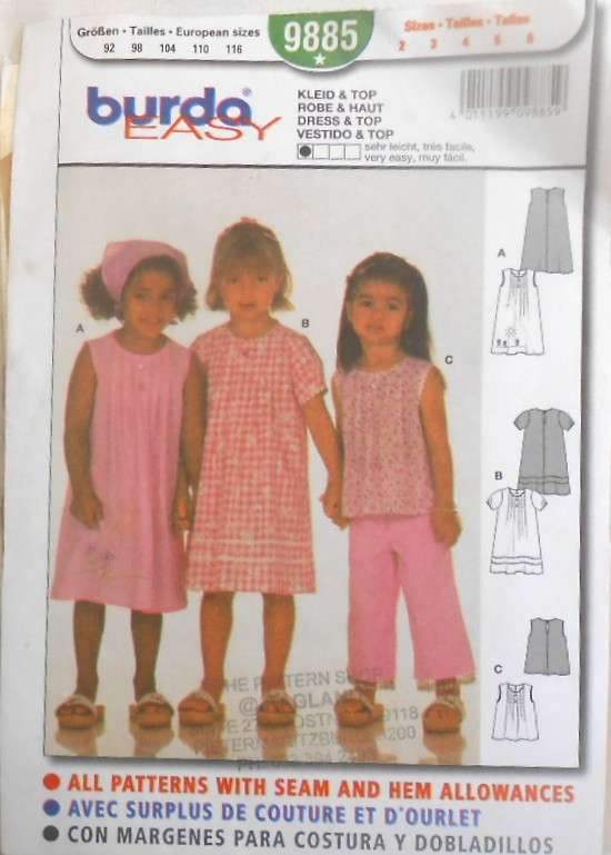 BURDA 9885 GIRLS DRESS & TOP SIZES 2-6 YEARS COMPLETE-CUT TO 6 YEARS-ZIPLOC