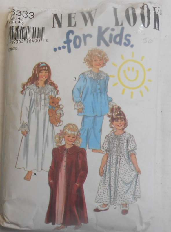 NEW LOOK PATTERNS 6333 KIDS PJS-NIGHTIE-GOWN SIZES 4-9 YEARS COMPLETE-PART CUT TO 9 YEARS-ZIPLOC