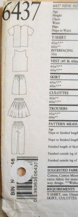 NEW LOOK PATTERNS 6437 GIRLS TOP-VEST-SHORTS-SKIRT-PANTS SIZES 4-12 YR COMPLETE-CUT TO 12-ZIPLOC