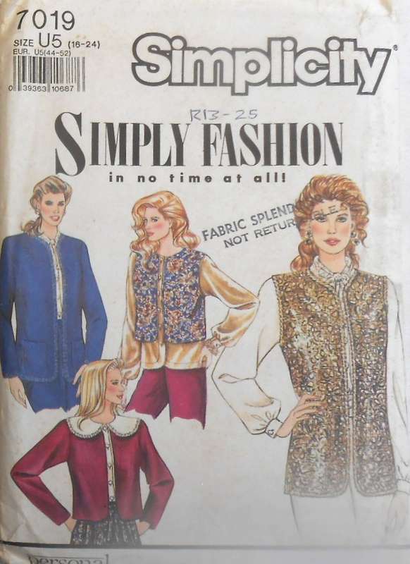 SIMPLICITY 7019 UNLINED JACKET & WAISTCOAT IN 2 LENGTHS SIZE 16-24 COMPLETE-CUT TO 24