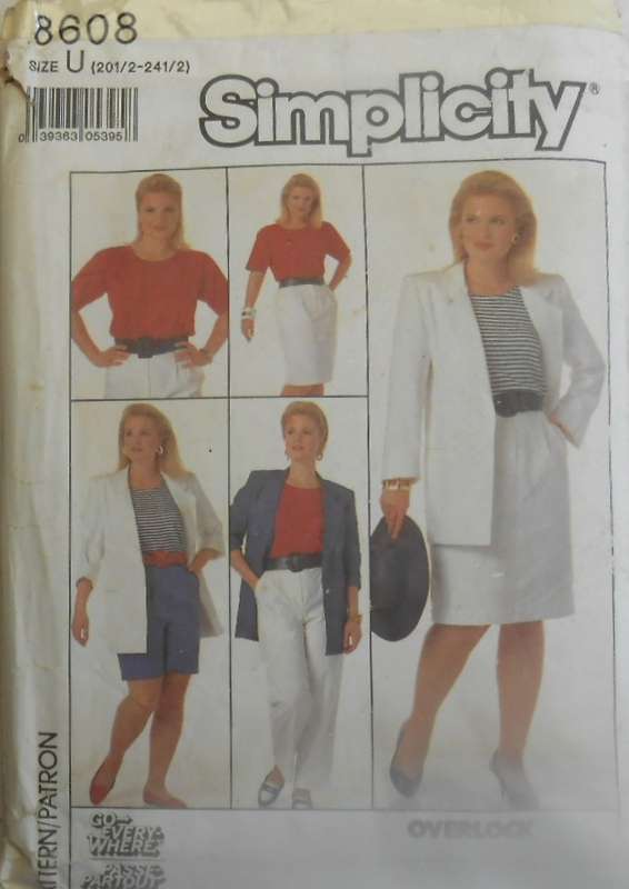 SIMPLICITY 8608 PANTS-SHORTS-SKIRT-UNLINED JACKET-TOP SIZE 20 1/2 - 24 1/2 COMPLETE-CUT TO 24 1/2