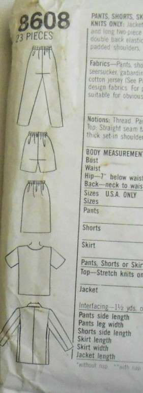 SIMPLICITY 8608 PANTS-SHORTS-SKIRT-UNLINED JACKET-TOP SIZE 20 1/2 - 24 1/2 COMPLETE-CUT TO 24 1/2