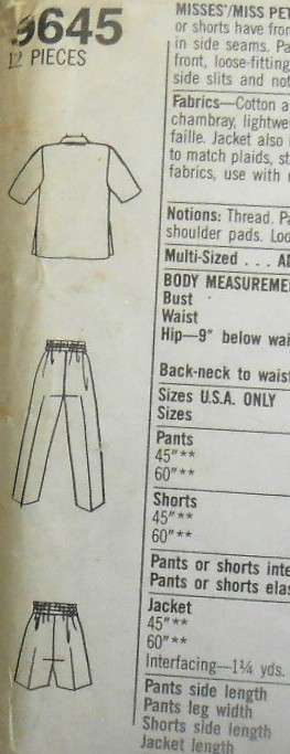 SIMPLICITY 9645 PANTS-SHORTS-LOOSE FIT UNLINED JACKET SIZE 30 1/2 - 40 1/2 NO PANTS POCKET SUPPLIED