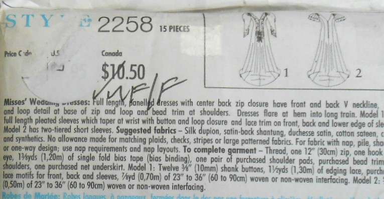 STYLE 2258 WEDDING DRESSES SIZE 8-18 COMPLETE-UNCUT-F/FOLDED
