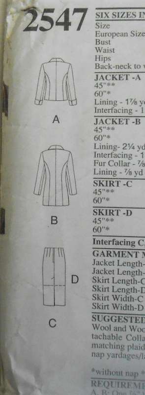 STYLE 2547 LONG & SHORT JACKET & SKIRT SIZE 6-16 COMPLETE-CUT TO 16