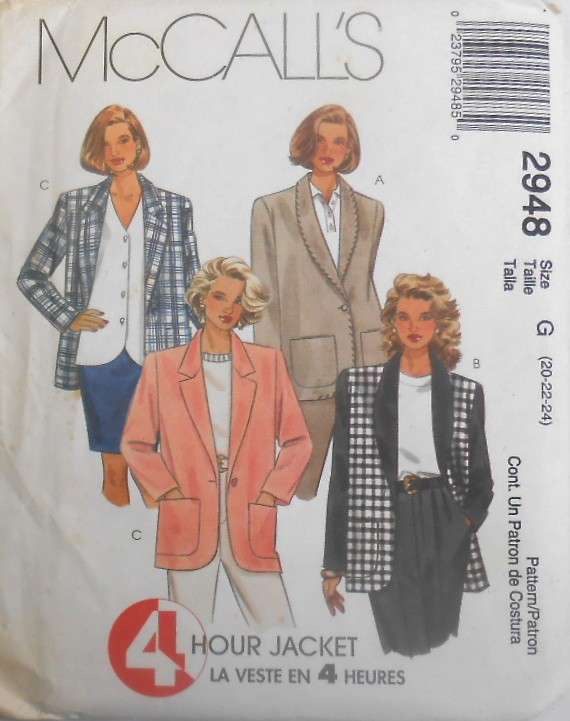 McCALLS 2948 LINED OR UNLINED JACKET SIZE 20-22-24 COMPLETE-UNCUT-F/FOLDED