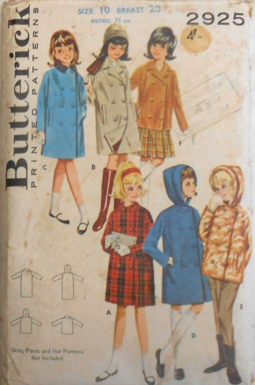 VINTAGE BUTTERICK 2925 GIRLS BOX COAT & JACKET SIZE 10 YEARS BREAST 23" COMPLETE