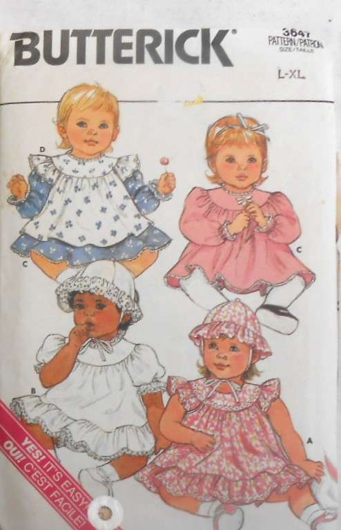 BUTTERICK 3647 INFANTS DRESS- PINAFORE-PANTIES-HAT SIZE L-XL COMPLETE-ZIPLOC