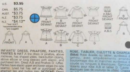 BUTTERICK 3647 INFANTS DRESS- PINAFORE-PANTIES-HAT SIZE L-XL COMPLETE-ZIPLOC