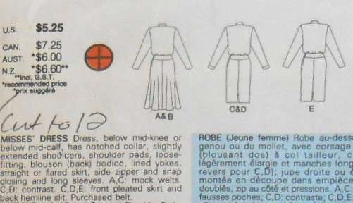BUTTERICK 4193 LOOSE FITTING DRESS SIZE 8-10-12 COMPLETE-CUT TO 12