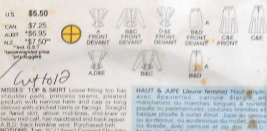 BUTTERICK 6204 TOP & SKIRT SIZE 8-10-12 COMPLETE-CUT TO 12