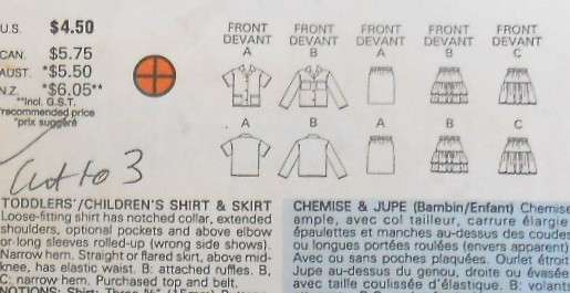 BUTTERICK 6216 TODDLERS SHIRT-SKIRT SIZE 1-2-3 YEARS COMPLETE-CUT TO 3 YEARS-ZIPLOC
