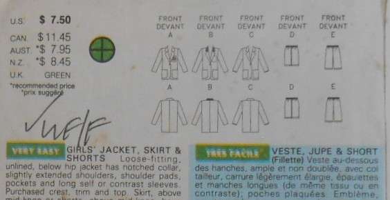 BUTTERICK 6668 GIRLS JACKET-SKIRT-SHORTS SIZE 7-14 YEARS COMPLETE-UNCUT-F/FOLDED