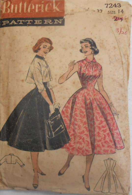 V/VINTAGE BUTTERICK 7243 BOLERO TOPPED PRINCESS DRESS SIZE 14 BUST 32 COMPLETE-ZIPLOC