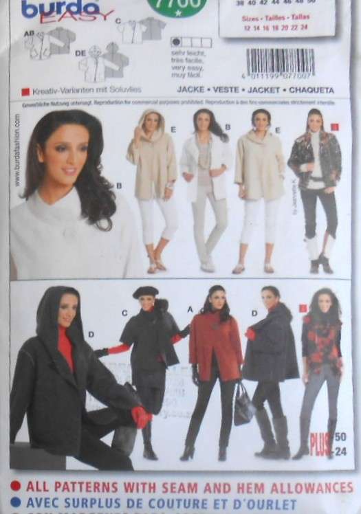 BURDA 7700 LADIES JACKET WITH VARIOUS FINISHES SIZE 12-14-16-18-20-22-24 COMPLETE-PART CUT TO 24