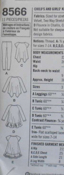 SIMPLICITY 8566 GIRLS KNIT TOPS & LEGGINGS SIZE 3-6 YEARS COMPLETE-UNCUT-F/FOLDED