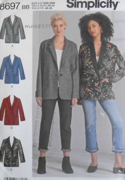 SIMPLICITY 8697 WOMENS OVERSIZED JACKETS WITH FRONT VARIATIONS SIZE 20W-28W COMPLETE-UNCUT-F/FOLDED