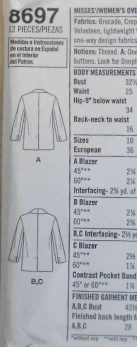 SIMPLICITY 8697 WOMENS OVERSIZED JACKETS WITH FRONT VARIATIONS SIZE 20W-28W COMPLETE-UNCUT-F/FOLDED