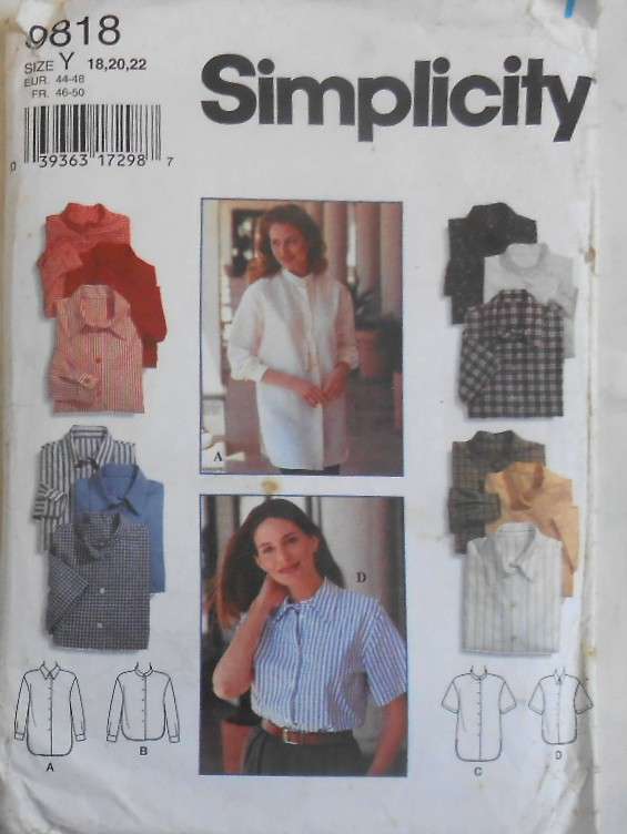 SIMPLICITY 9818 LOOSE FITTING FRONT BUTTON SHIRT SIZE 18-20-22 COMPLETE-CUT TO 22