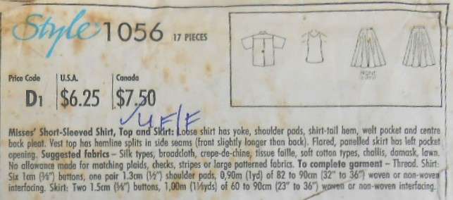 STYLE 1056 SHORT SLEEVE SHIRT-TOP-SKIRT SIZE 10-16 COMPLETE-UNCUT-F/FOLDED