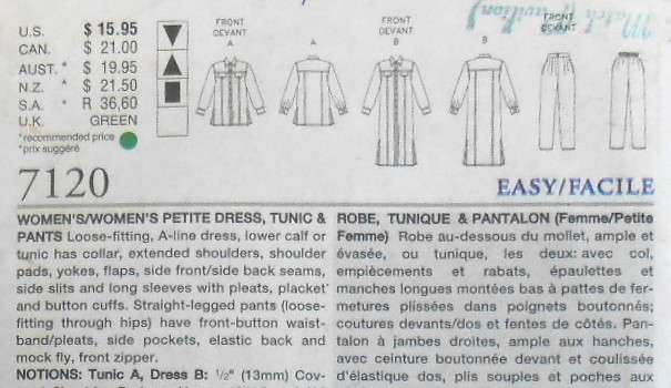 VOGUE 7120 WOMEN'S DRESS-TUNIC-PANTS SIZE 20W-22W-24W COMPLETE-UNCUT-F/FOLDED