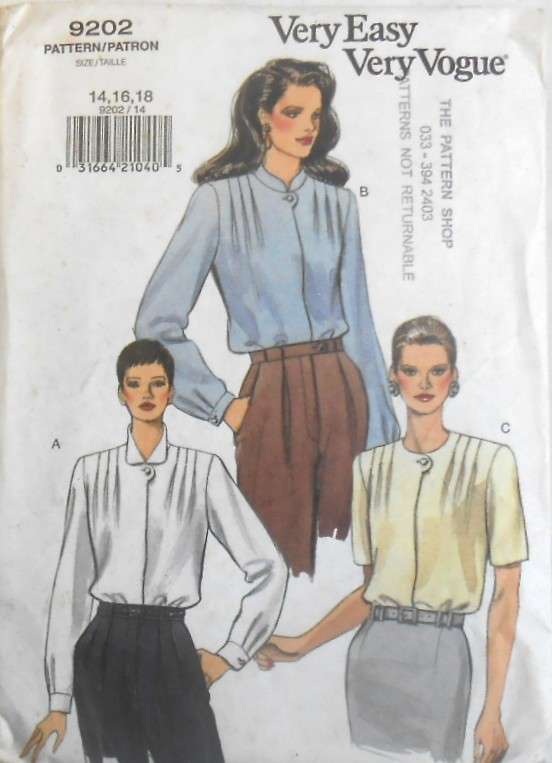 VOGUE 9202 LOOSE FITTING BLOUSE WITH FRONT TUCKS SIZE 14-16-18 COMPLETE-UNCUT-F/FOLDED