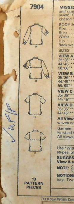 McCALLS 7904 SHIRTS SIZE 12 BUST 34 COMPLETE-UNCUT-F/FOLDED