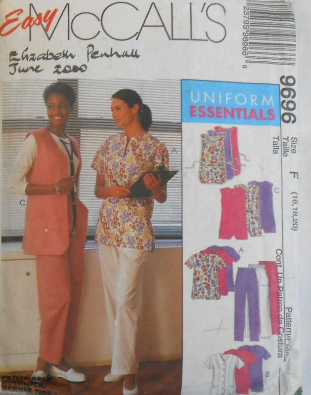 McCALLS 9696 BUTTON FRONT TOP-VEST-PULLOVER TOP-APRON-PULL ON PANTS SIZE 16-18-20 COMPLETE-CUT TO 20