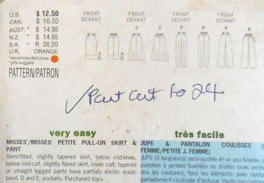 BUTTERICK 3133 PULL ON SKIRT & PULL-ON PANTS SIZE 20-22-24 COMPLETE-PART CUT TO 24