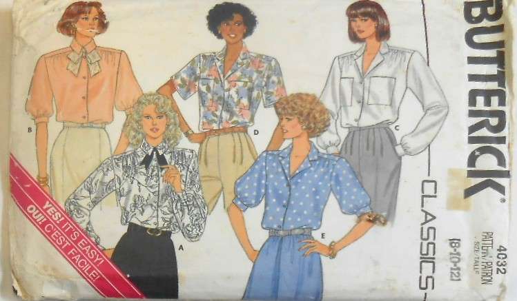 BUTTERICK 4032 SET 0F BLOUSES SIZE 8-10-12 COMPLETE-CUT TO 12
