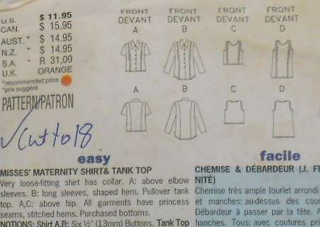 BUTTERICK 6277 MATERNITY SHIRT & TANK TOP SIZE 14-16-18 COMPLETE CUT TO 18