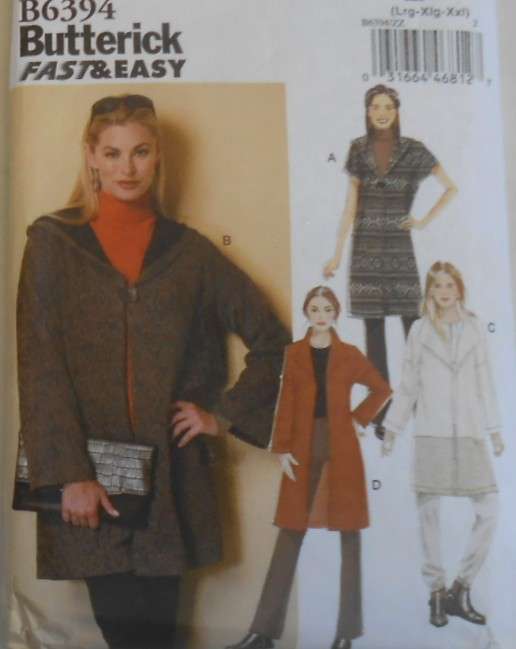 BUTTERICK B6394 LADIES COAT & HOODIE SIZE L-XL-XXL (16-26) COMPLETE-UNCUT-F/FOLDED