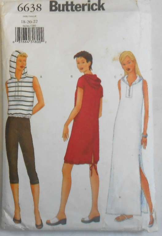 BUTTERICK 6638 CLOSE FITTING HOODIE TOP-DRESS & PANTS SIZE 18-20-22 COMPLETE-CUT TO 22