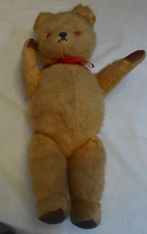 MOHAIR VINTAGE ARK TEDDY BEAR WITH RED BOW & REXINE PAWS MADE IN DURBAN IN 1950'S -EXC CONDITION
