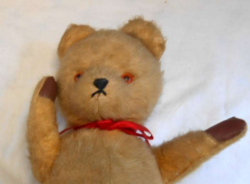 MOHAIR VINTAGE ARK TEDDY BEAR WITH RED BOW & REXINE PAWS MADE IN DURBAN IN 1950'S -EXC CONDITION