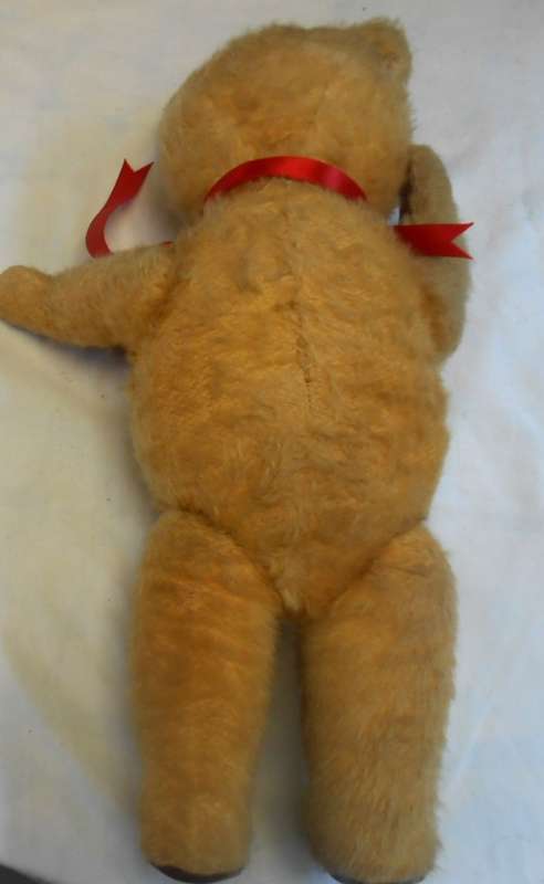 MOHAIR VINTAGE ARK TEDDY BEAR WITH RED BOW & REXINE PAWS MADE IN DURBAN IN 1950'S -EXC CONDITION