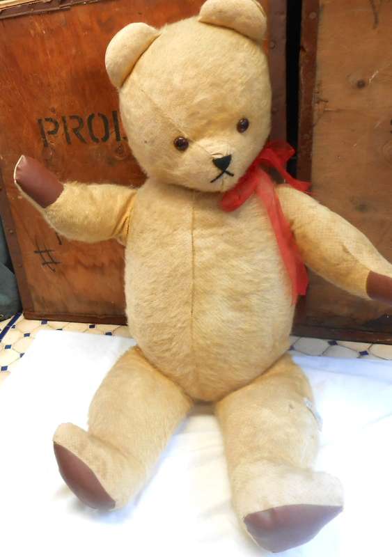 HUGE MOHAIR VINTAGE ARK TEDDY BEAR-GROWLER-RED BOW & REXINE PAWS MADE IN DURBAN IN 1950'S