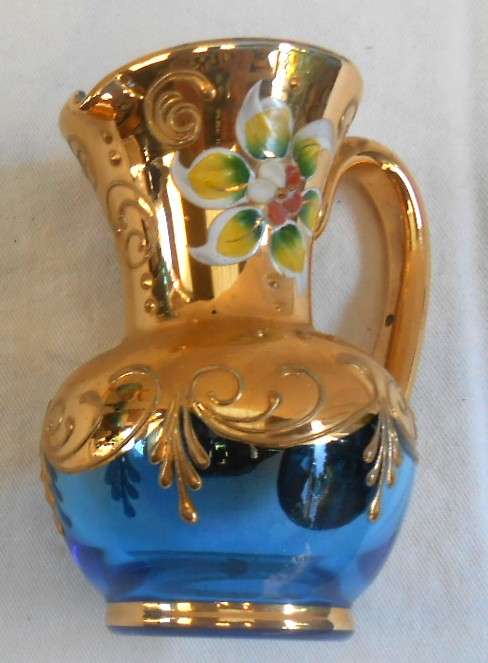 Small Vintage Pale Blue Glass Milk Jug with Heavy Gilt & enamel flowers in excellent condition