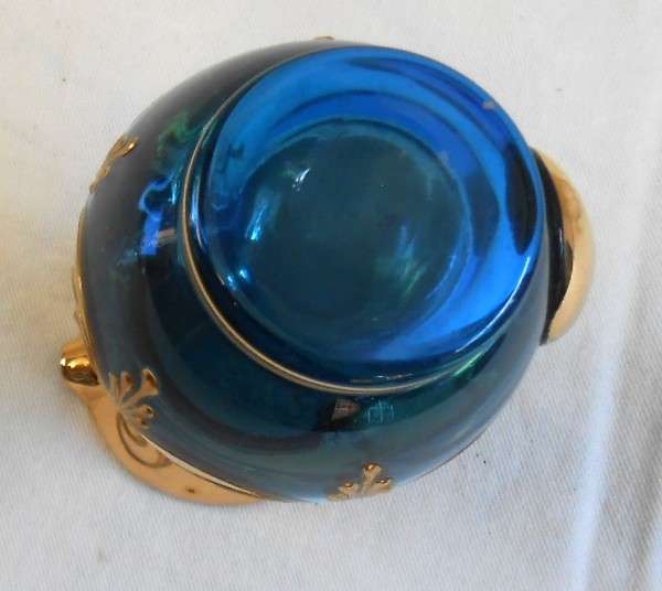 Small Vintage Pale Blue Glass Milk Jug with Heavy Gilt & enamel flowers in excellent condition