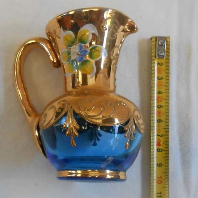 Small Vintage Pale Blue Glass Milk Jug with Heavy Gilt & enamel flowers in excellent condition
