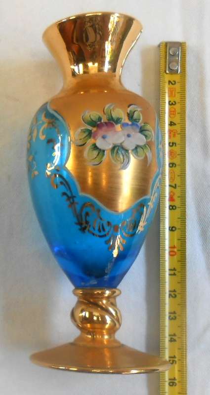 Small Pale Blue Glass Vase with Heavy Gilt & enamel flowers in excellent condition