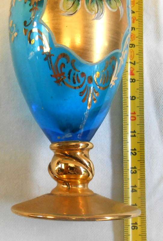 Small Pale Blue Glass Vase with Heavy Gilt & enamel flowers in excellent condition