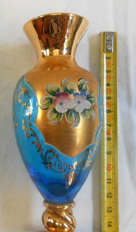 Small Pale Blue Glass Vase with Heavy Gilt & enamel flowers in excellent condition