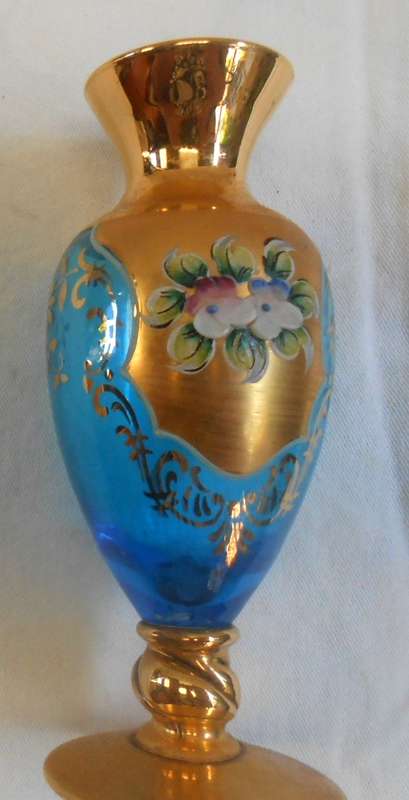 Small Pale Blue Glass Vase with Heavy Gilt & enamel flowers in excellent condition