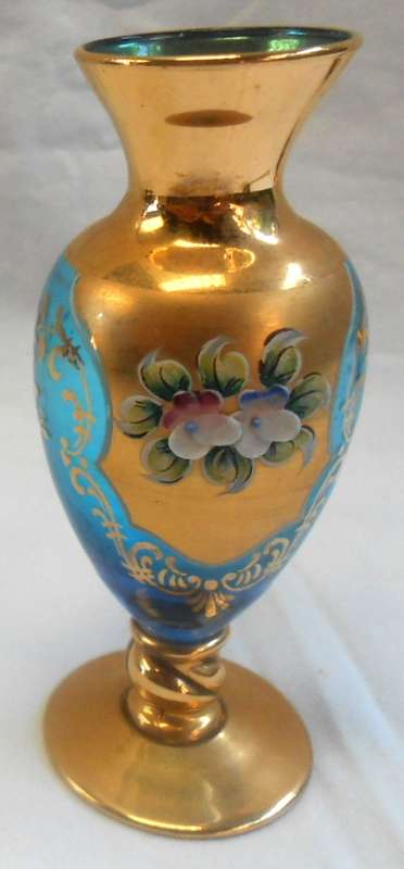 Small Pale Blue Glass Vase with Heavy Gilt & enamel flowers in excellent condition