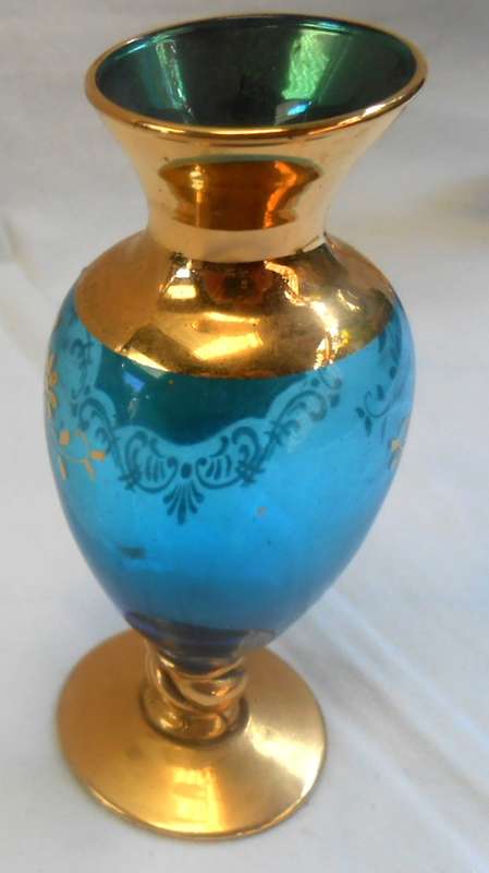 Small Pale Blue Glass Vase with Heavy Gilt & enamel flowers in excellent condition