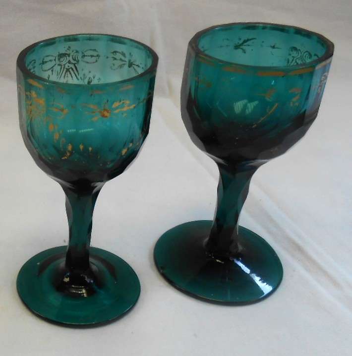 Vintage Edwardian Jade Green Port Glasses with gilt-see condition