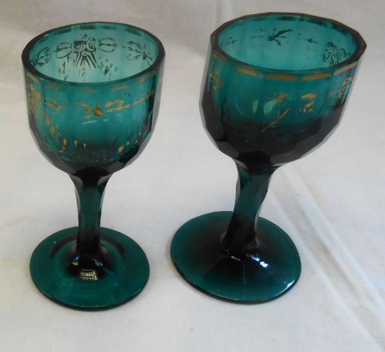 Vintage Edwardian Jade Green Port Glasses with gilt-see condition
